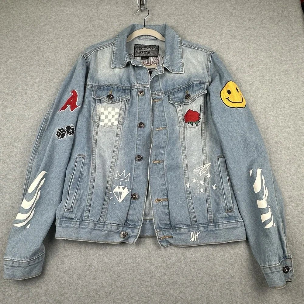Brooklyn Cloth Denim Jacket‎ Unisex S Graffiti NO BAD VIBES Rose Embroidered
